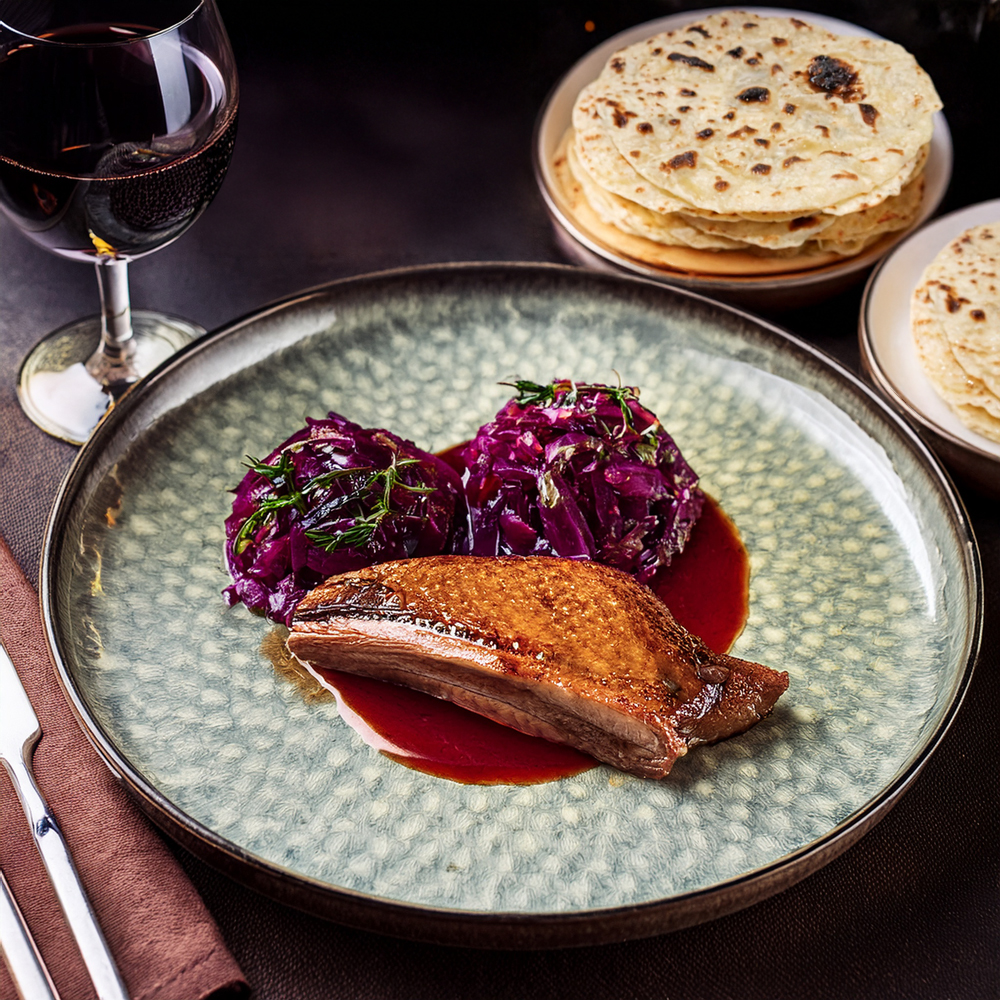 Kachní prsa, červené zelí a pohankovo-bramborové lokše